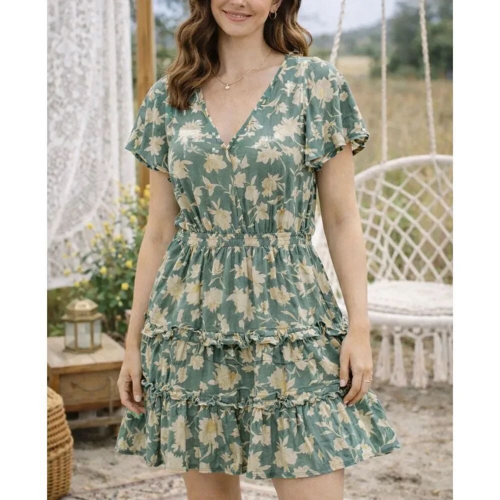 Anthropologie Saturday Sunday green floral ruffled neck dress m